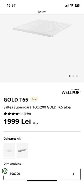 Saltea superioară 160x200 Gold T65(8cm-Jysk)