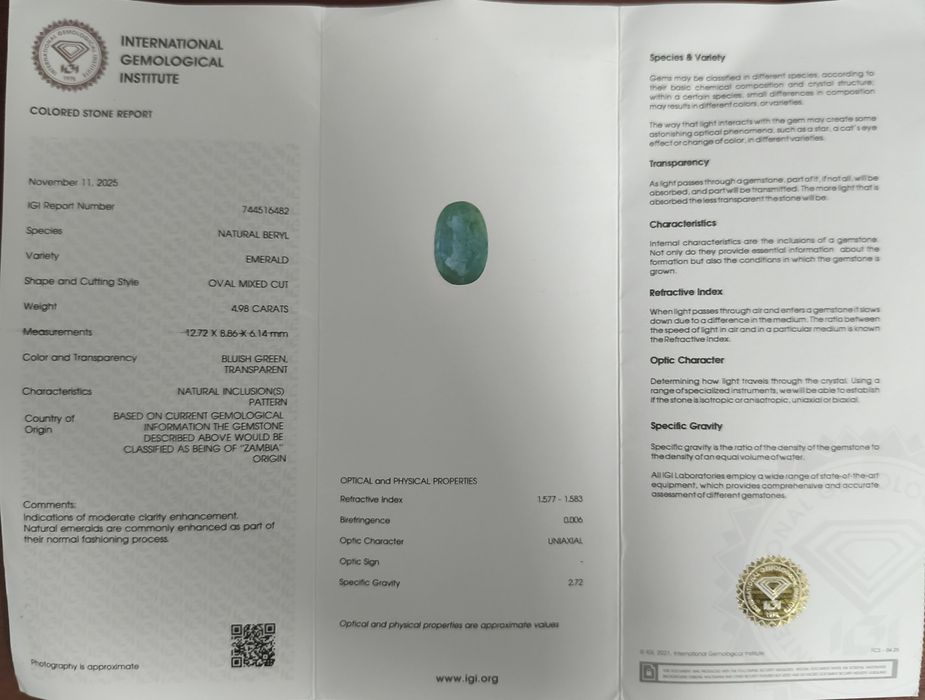 Vând Smarald Natural 4.98 ct Zambia  Piatră Prețioasă