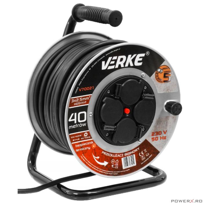 Rola prelungitor cablu cu cadru metalic 40 metri 3 x 2,5 mm Verke