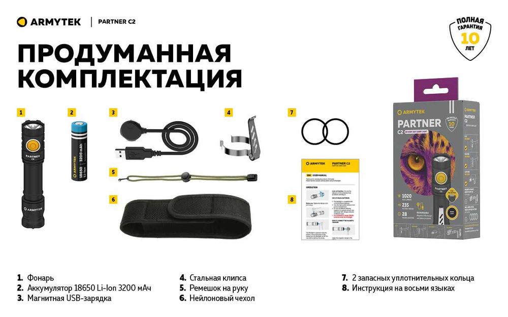 Фонарь Armytek Partner C2 Magnet USB (теплый свет)