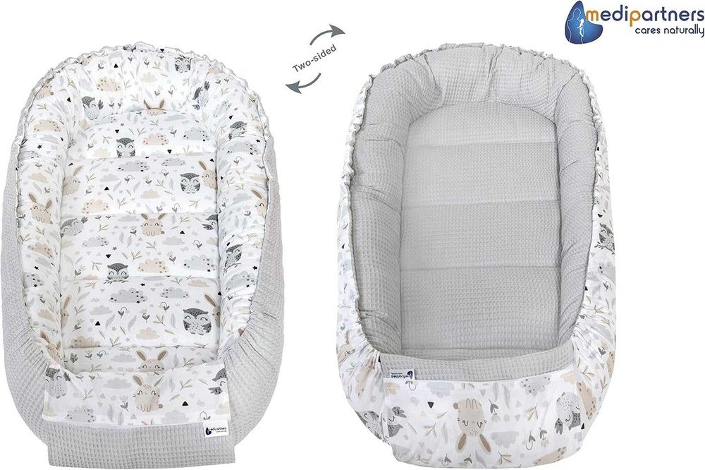 Medi Partners – Бебешко гнездо Cuddle Nest, 100% памук, Waffle, 100 × 60 × 15 см, сив цвят с животни