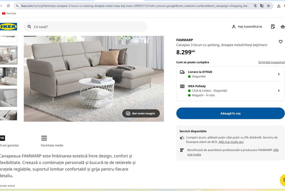 Canapea  FAMMARP 3 locuri cu şezlong, stanga metal/Viarp bej/maro