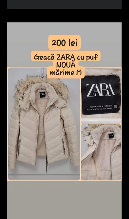 Geaca zara puf alb unt