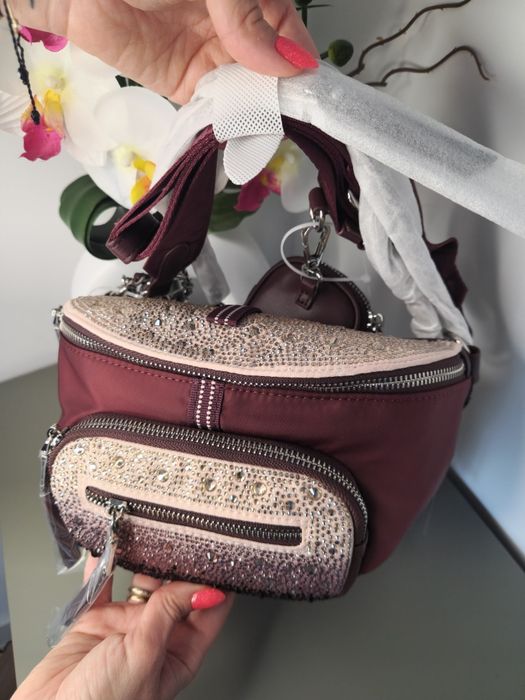 Оригинална дамска чанта Steve Madden - Бордо с кристали
