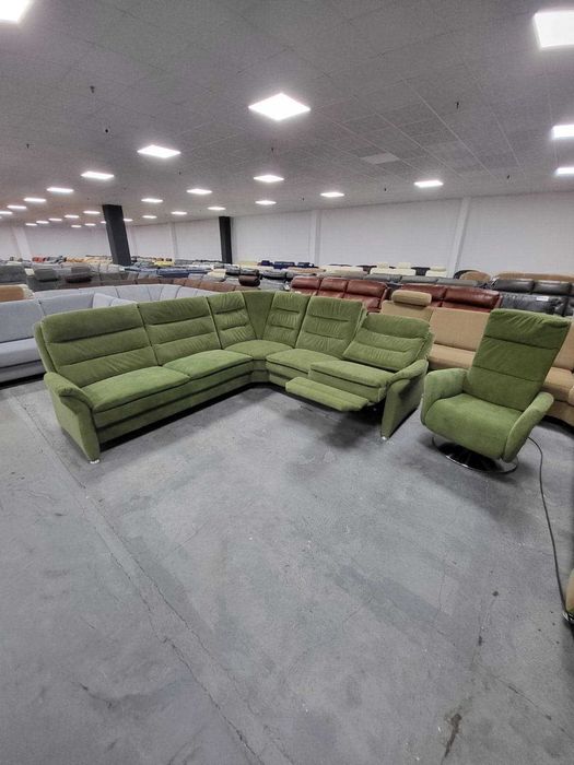 Зелен ъглов диван от плат с ел.релакс и фотьойл "PP - PF20073"