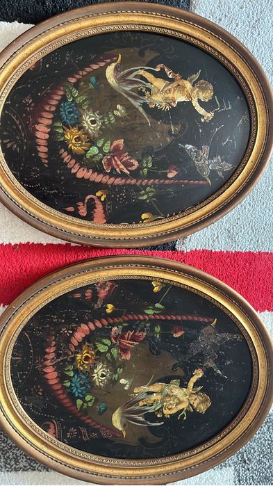 Tablouri vechi pictate pe metal - îngeraș cu ramă aurită