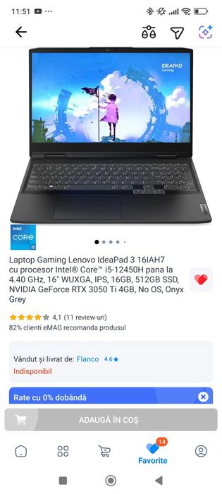 Laptop Gaming Lenovo IdeaPad 3 16IAH7 cu procesor Intel® Core™ i5-1245