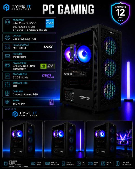 Calculator Gaming I5 12500, 16GB DDR4, RTX 3060 12GB DDR6, Nvme 512