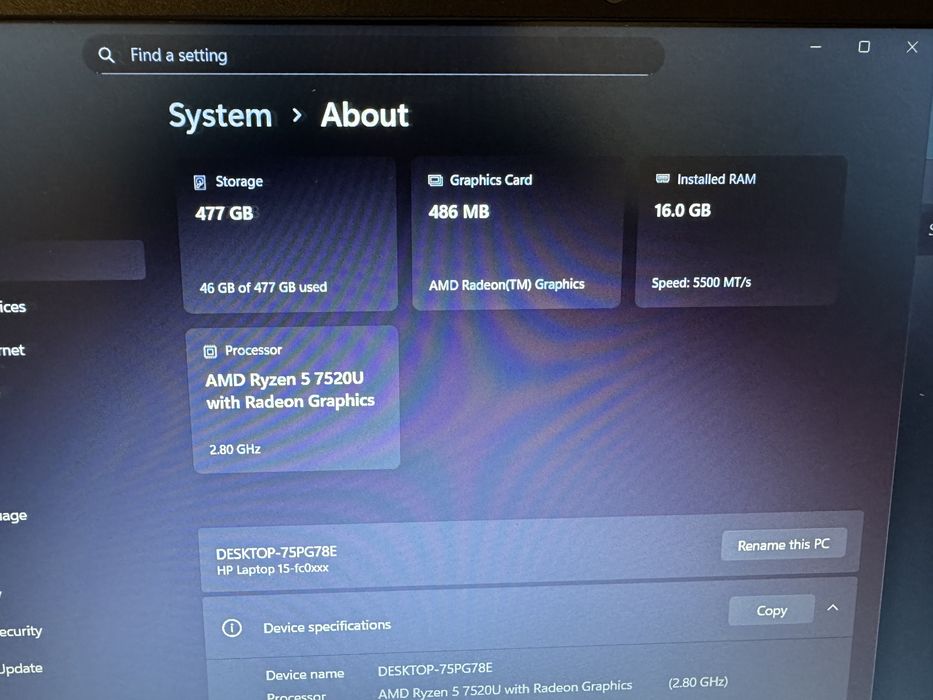 HP Laptop 15 Ryzen 5 7520U 16GB RAM 512GB SSD Windows 11 Pro ca nou
