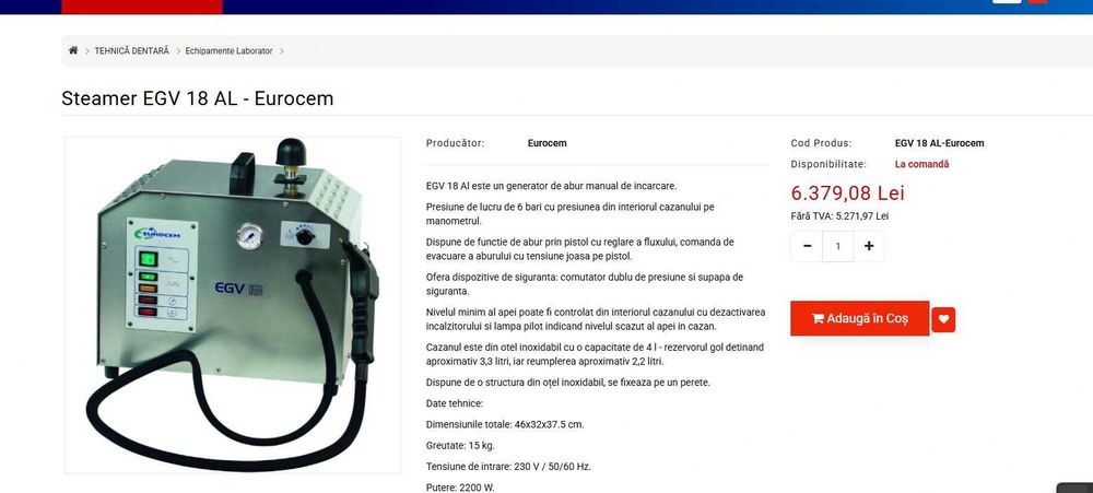 Steamer EGV18AL Eurocem lichidare laborator tehnica dentara