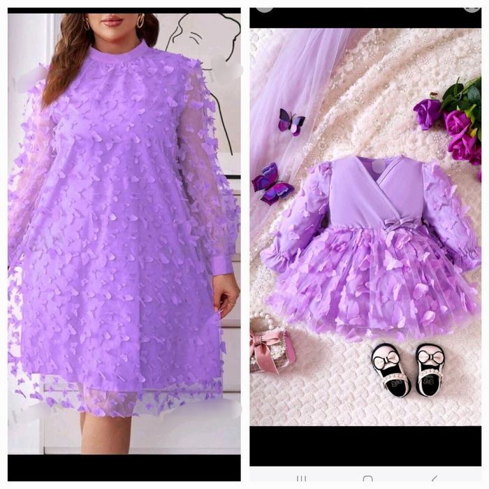 Set rochii Mama-Fiica mov cu fluturi