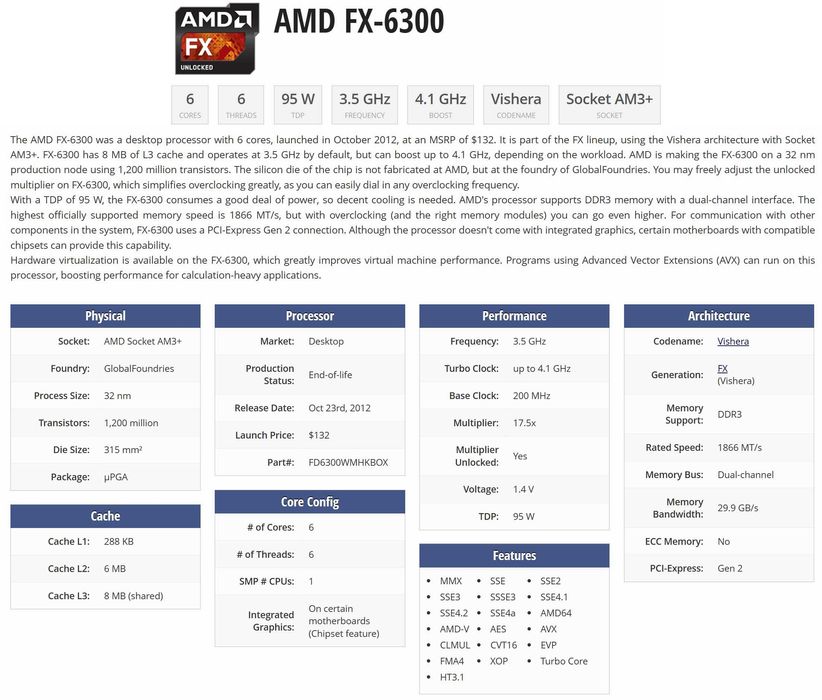 Процесор CPU AMD FX-6300, 3.50-4.10GHz AM3+ DDR3