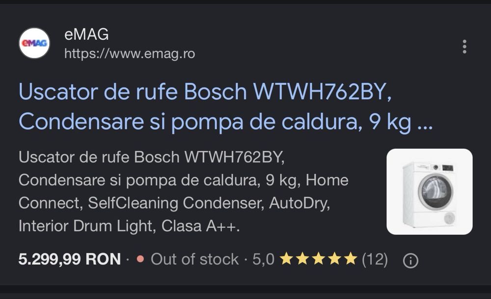 Uscător rufe Bosch Serie 6, 9 kg, pompă căldură, A++, WiFi, stare impecabilă - garantie