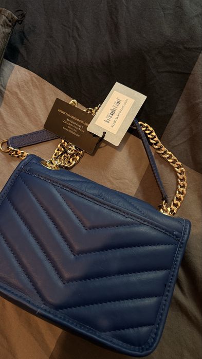 Geantă de mână albastră din piele pentru femei V Italia by Versace 1969, culoare albastru