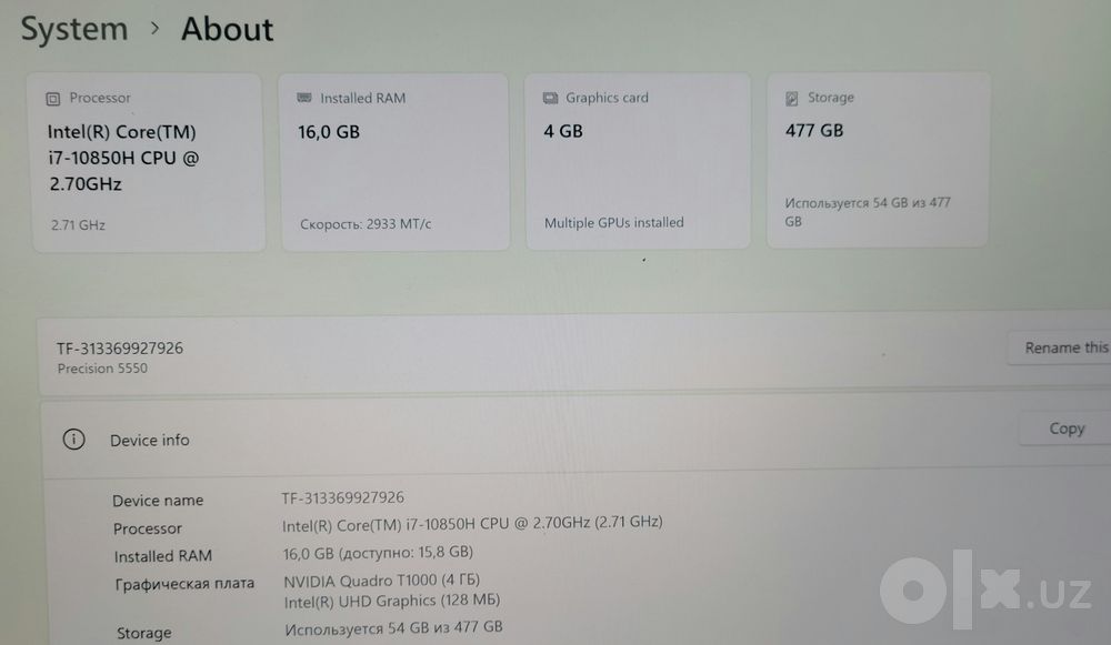 Notebook Dell Precision 5550 15" FHD+ NVIDIA Q. T1000 2.7GHz Intel i7