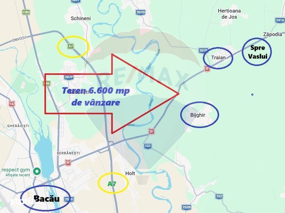 Teren de vanzare la DN2F Bacau-Vaslui la intrare in Traian si Bijghir