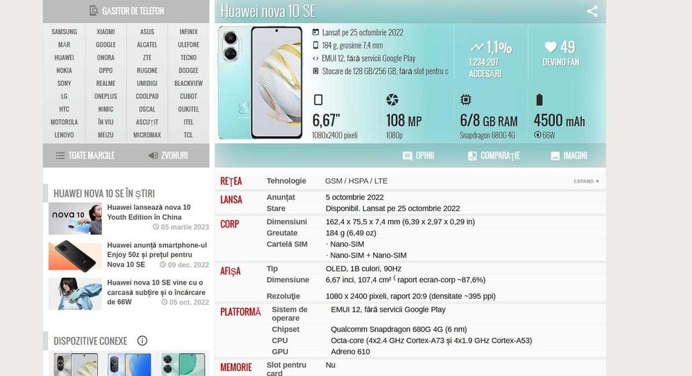 Telefon HUAWEI nova 10 SE, 128GB, 8GB RAM, Dual SIM, Starry Black