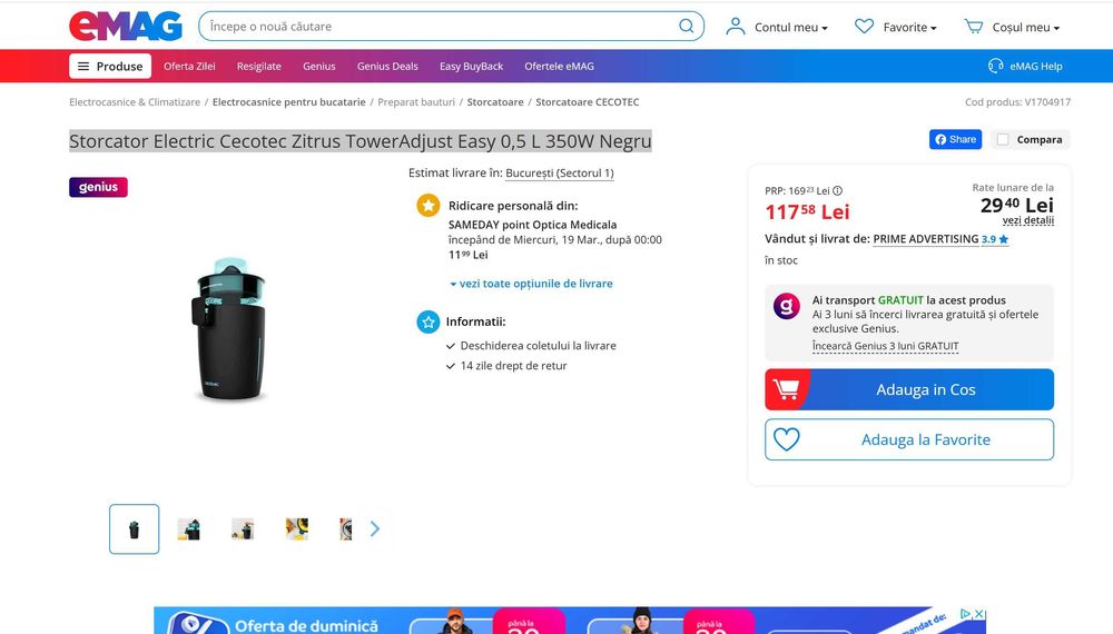 Storcator Electric Cecotec Zitrus TowerAdjust Easy 0,5 L 350W Negru