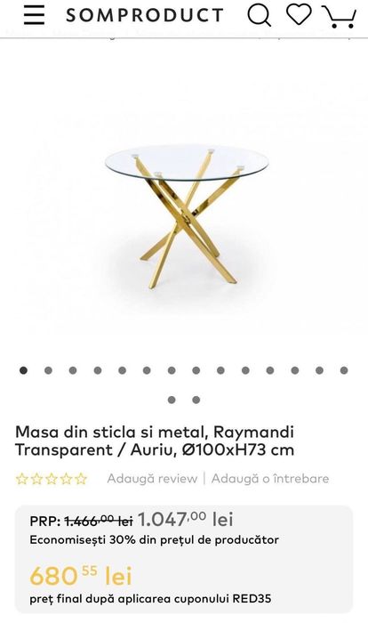Masă din sticlă cu picioare aurii