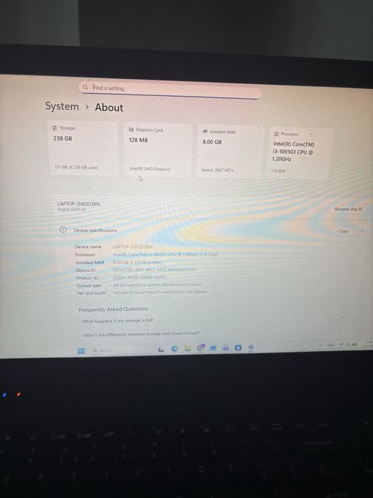 Laptop Acer Aspire A315-56 | i3 Gen 10 | 8GB RAM | SSD 256GB | Rapid