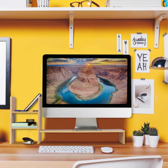 Suport pentru monitor din bambus, 4 compartimente, 30 x 67 x 20 cm