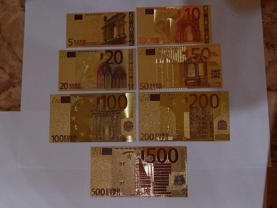Lot 7 bancnote euro din polimer placate cu aur 24k