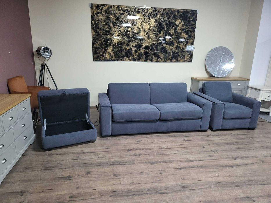 Сив комплект от плат диван тройка с функция сън, фотьойл и табуретка