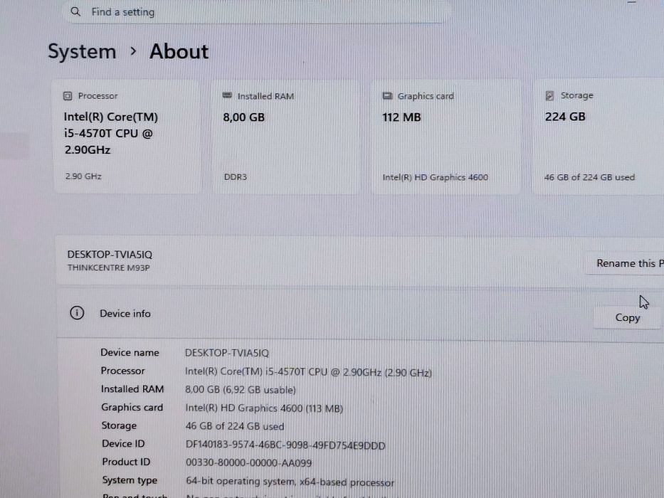 Tiny PC Lenovo i5 4570T 2,9Ghz, 8GB, 240GB SSD, Intel HD 4600, Wi-Fi Win11 Office 2024