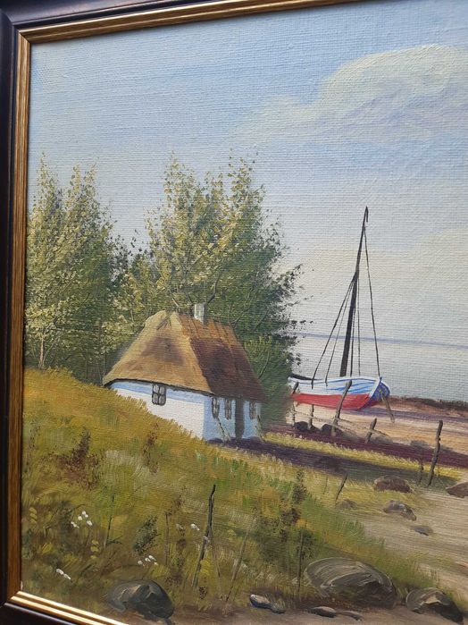 Красива Стара Картина "Рибарско Селище" Маслени Бои на Платно