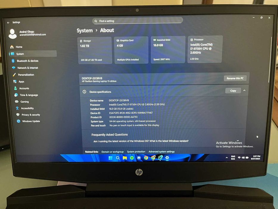 Laptop Gaming HP Pavilion 15, Intel core I7 9750H, 2T (SSD + HDD)