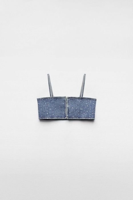 Дънков топ с камъни Zara, XS-S