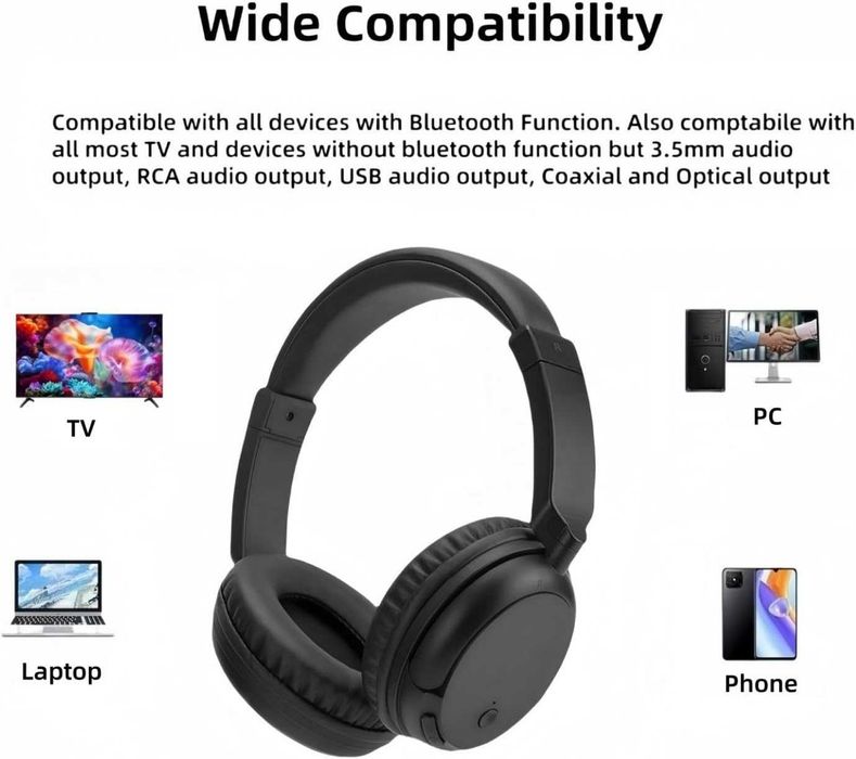 Безжични телевизионни слушалки с USB предавател за възрастни хора, Bluetooth 5.3 слушалки