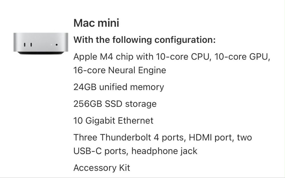 Apple Mac Mini M4 (2024/25) – 24GB RAM / 256GB SSD / 10Gb Ethernet