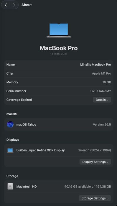 Продавам MacBook Pro M1 Pro 14’