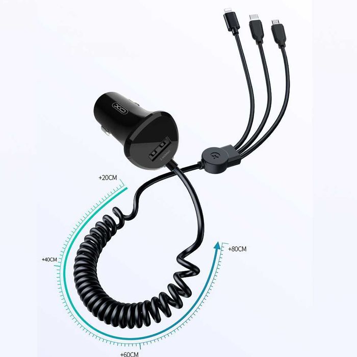 Зарядно устройство за кола XO car charger, 3в1, 15W, 1.2m, XO-CC36