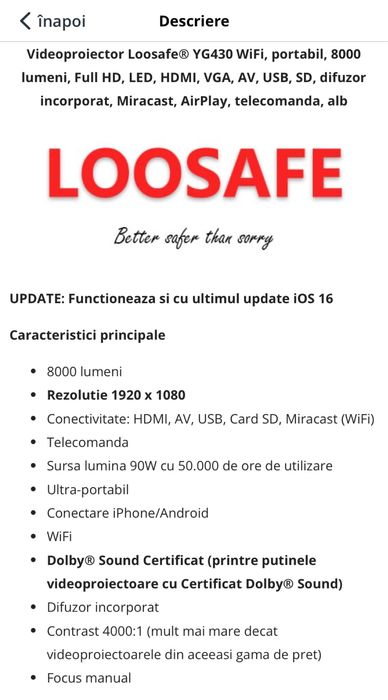 Videoproiector Loosafe YG430 WiFi,