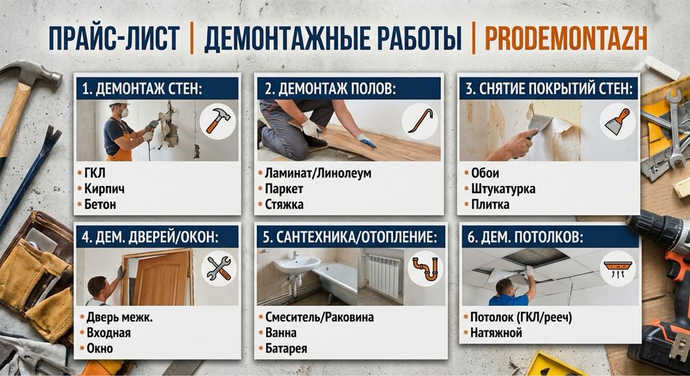 Демонтаж стен, перегородок, полов, дверей, сантехники