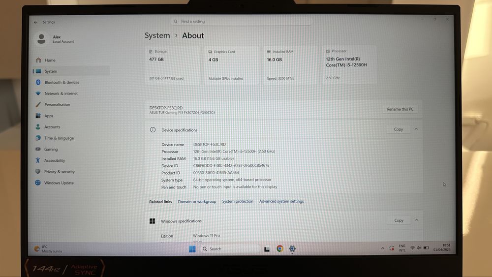 Laptop Asus TUF F15 FX507ZC4