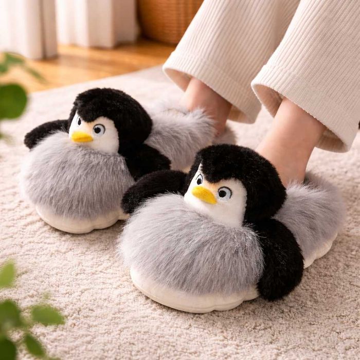 Дамски чехли с пингвин 3D Весели Крачета плюшени домашни чехли пантофи