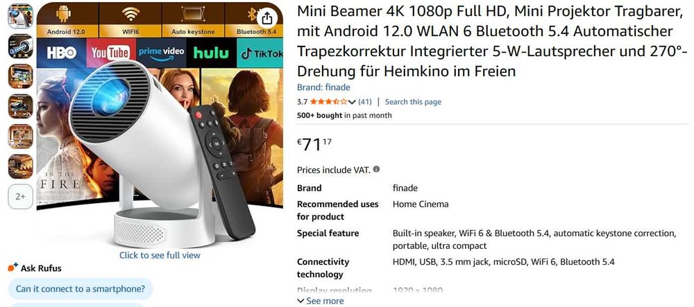 Mini proiector 4K 1080p Full HD, mini proiector portabil cu Android 12.0, Wi-Fi 6, Bluetooth 5.4,  difuzor integrat