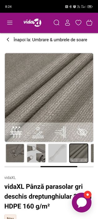 Panza parasolar gri deschis dreptunghiular 2x4 m