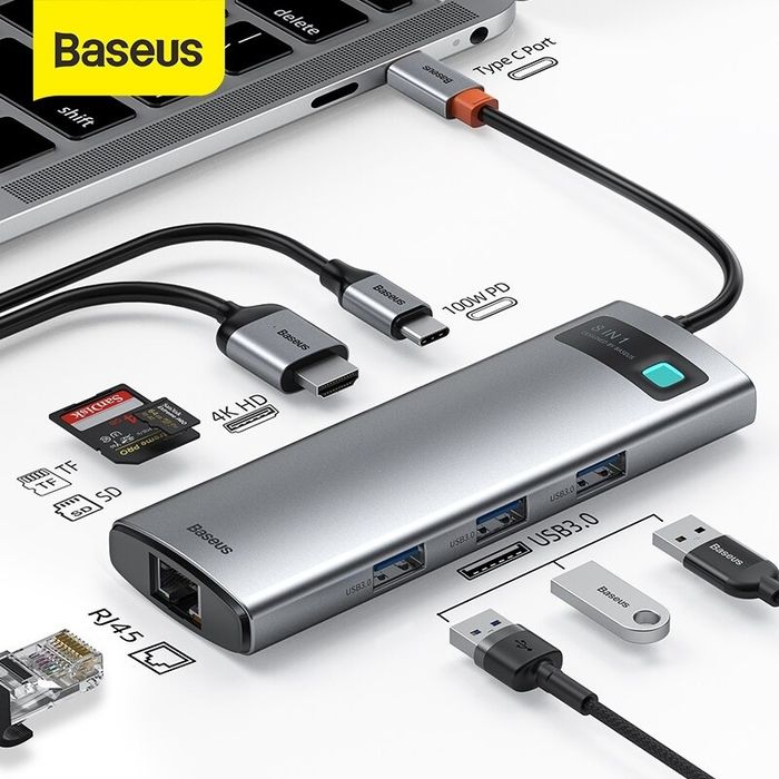 Hub Baseus 8 in 1 Hdmi/3xuUsb/SdTf/Rj45. Есть доставка