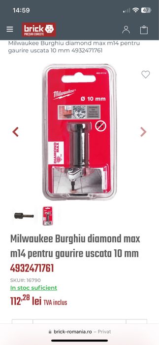 Burghiu Milwaukee Diamond Gaurire 10 mm