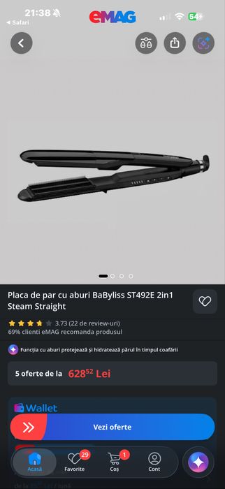 Placa de par cu aburi BaByliss ST492E 2in1 Steam Straight