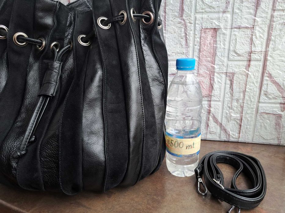 дамска чанта,черна голяма кожена торба-естествена кожа и велур