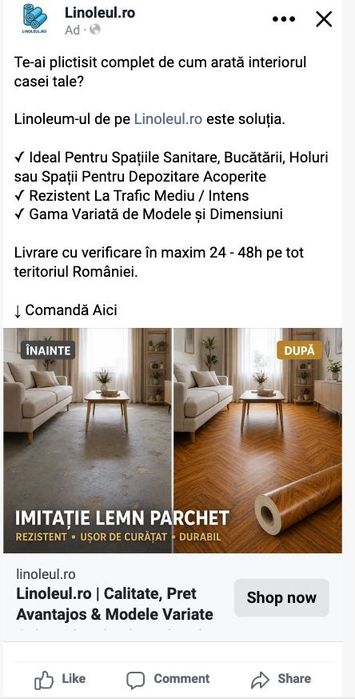 Linoleu 1m lat x 20 m lung,Gros- 1.20mm, Model parchet gri sau maron, pt Interior Ca la carte ,impecabil