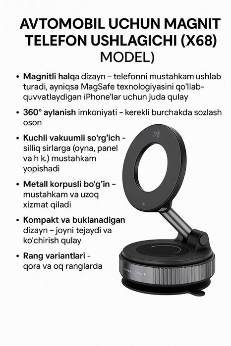 Avtomobil uchun magnitli telefon ushlagichi (X68 model)