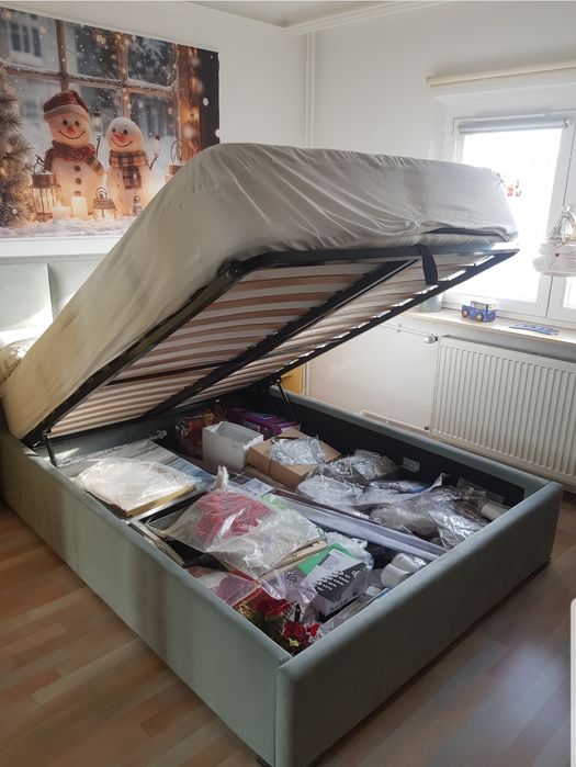 Pat tapițat modern cu lada pentru depozitare +saltea ortopedica nouă
