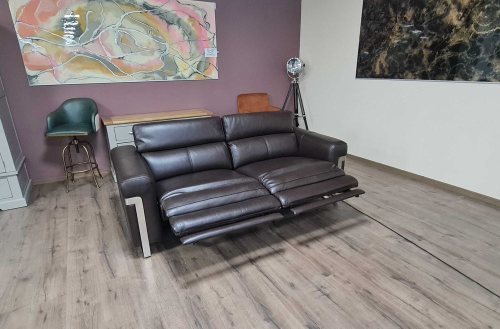 Тъмно кафяв кожен диван тройка "Moreno" с ел. релакс механизъм