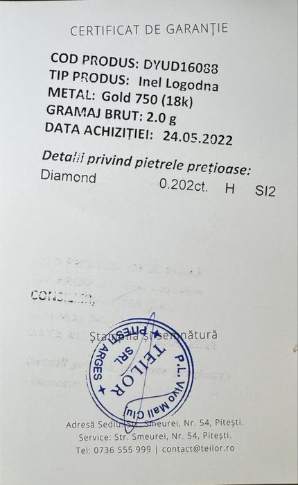 Inel logodna TEILOR aur alb 18k, cu diamant natural 0.202 ct - certificat